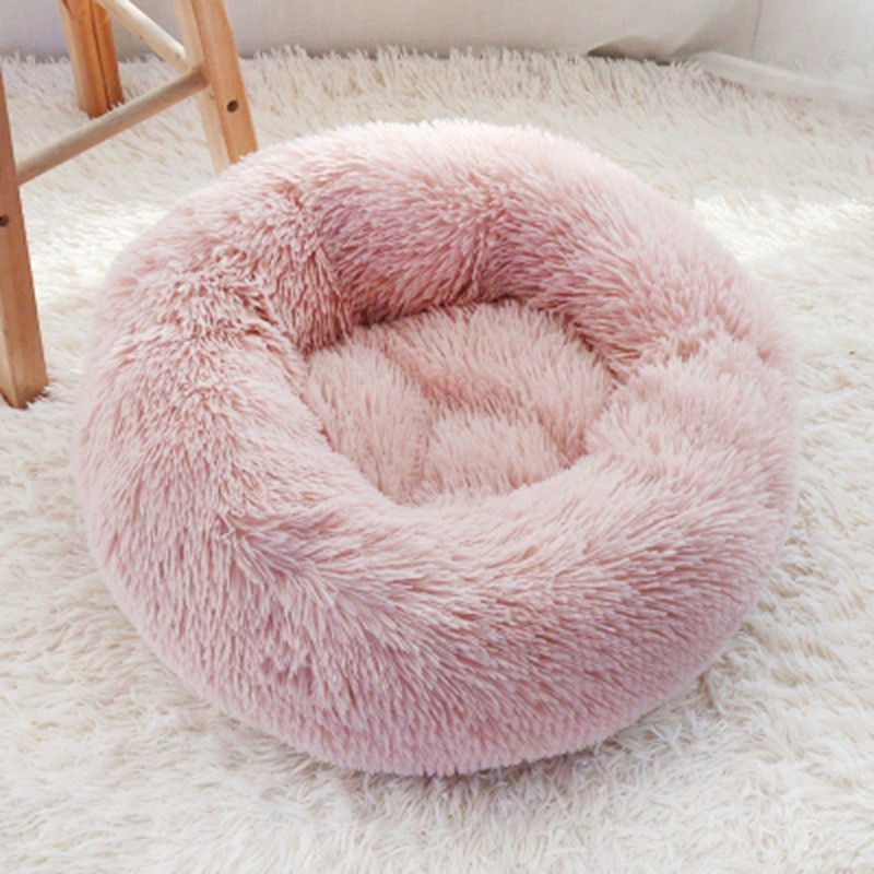 圆形毛绒猫睡篮，超柔软温暖床，宠物窝长绒窝 粉色40cm