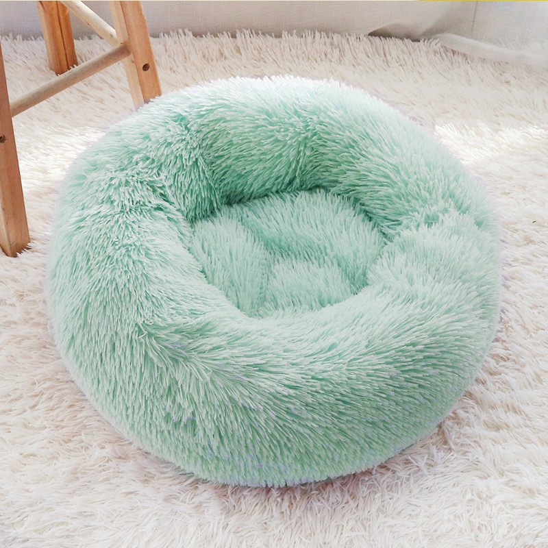 圆形毛绒猫睡篮，超柔软温暖床，宠物窝长绒窝 绿色40cm