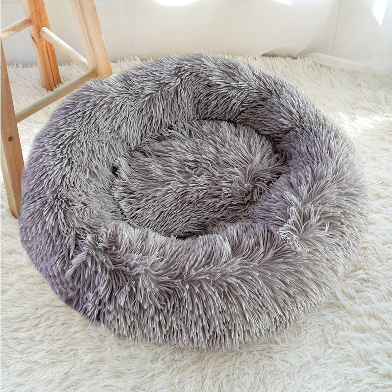 圆形毛绒猫睡篮，超柔软温暖床，宠物窝长绒窝深灰色40cm
