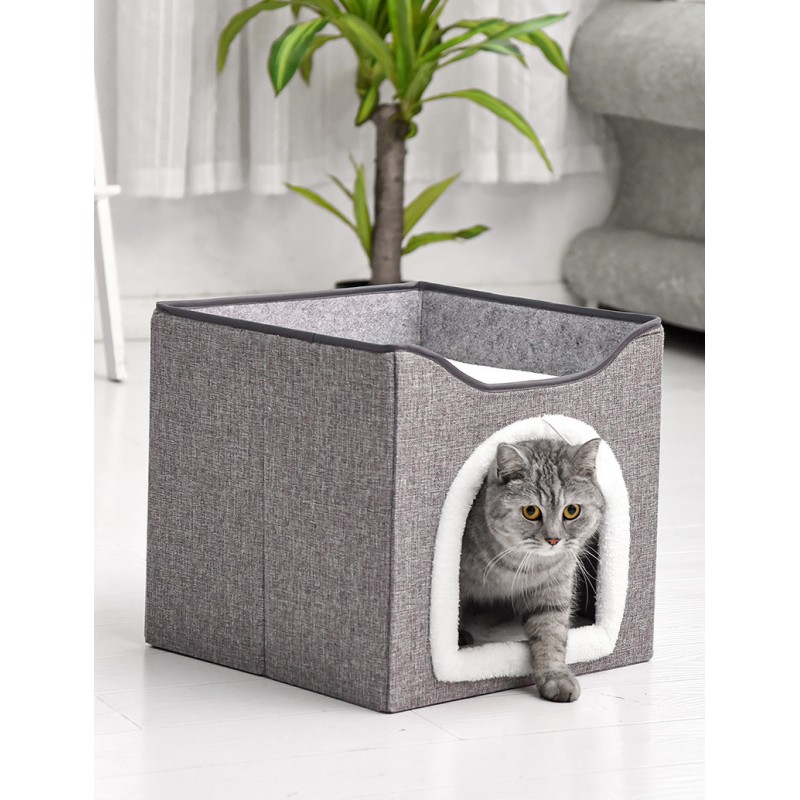 Cat Bed for Indoor Cats, Cat Condo with Reversible Cushions and Large Opening