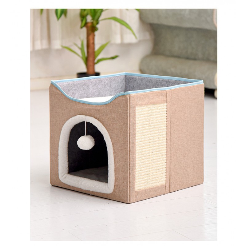 Cat Bed for Indoor Cats, Foldable Cat Condo with Durable Scratching Board and Dangling Toy Ball