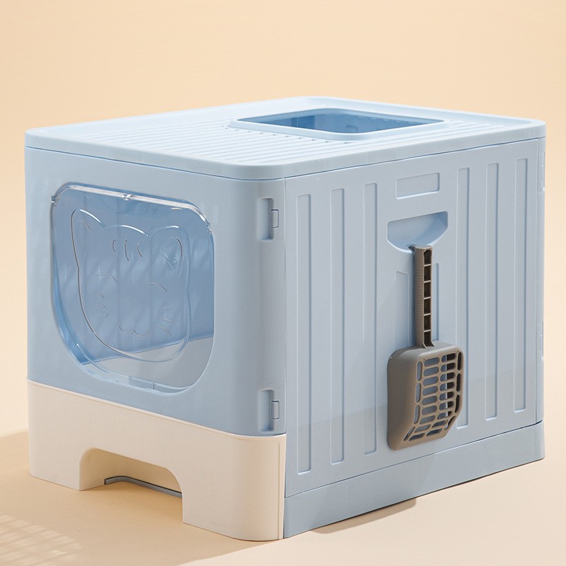 Bac à Litière, Maison de toilette pliable pour Chat avec tiroir porte transparente couleur Bleu ciel