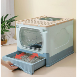 Bac à Litière, Maison de toilette pliable pour Chat avec tiroir porte transparente Gris et Bleu
