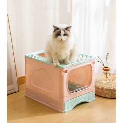 Bac à Litière, Maison de toilette pliable pour Chat avec tiroir porte transparente Gris et Bleu