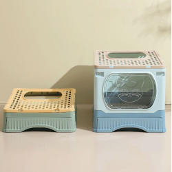 Bac à Litière, Maison de toilette pliable pour Chat avec tiroir porte transparente Gris et Bleu