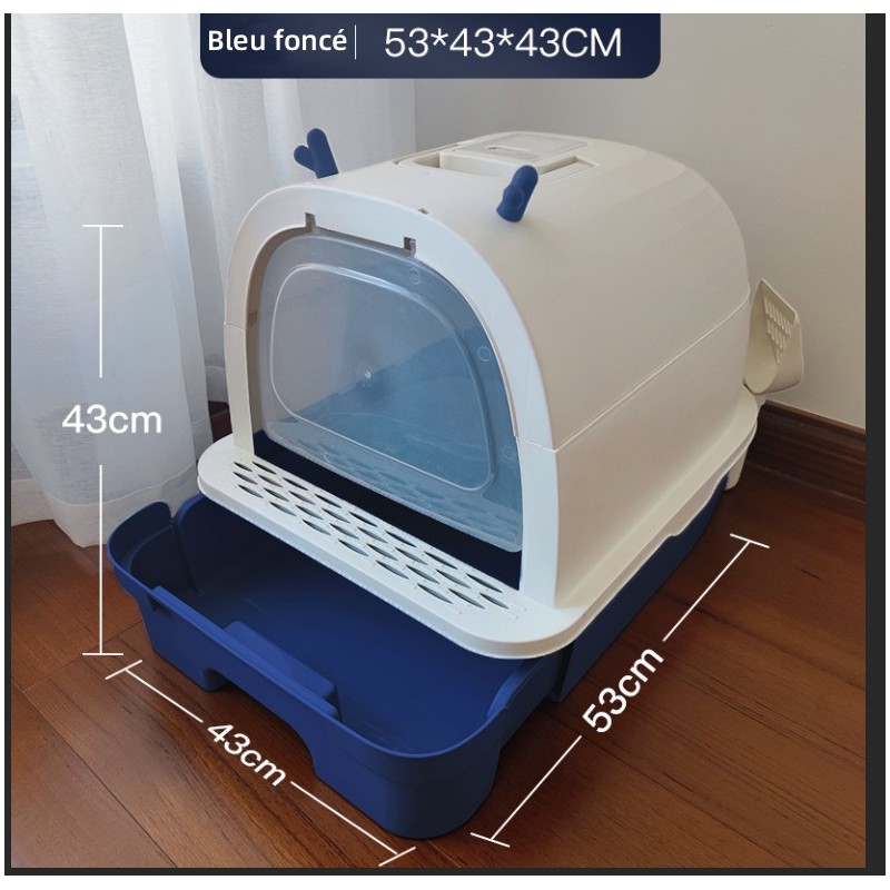 Rattan Enclosed Design Cat Litter Box with Scoop, Extra Large Space Cat Toilet, Easy Clean Prevent Sand Leakage,Blue
