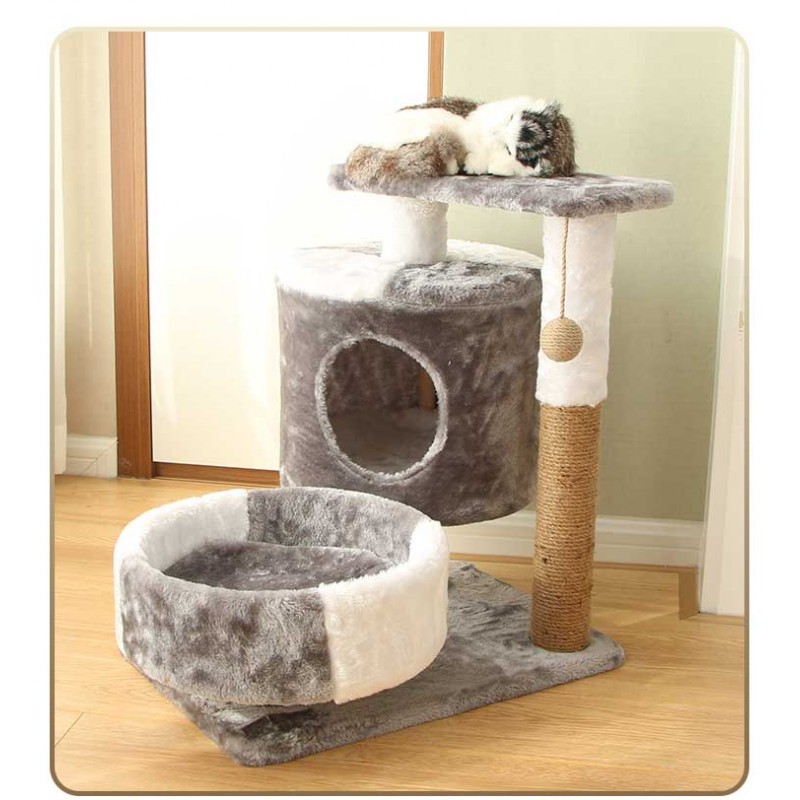 Small and Medium Cat Tree Activity Tower Pet Theater Cat Apartment with Soft Plush Bass and Pet Comfort Basket Gray and white