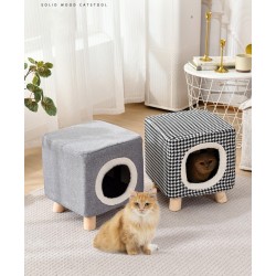 Cat House Square Cat Bed Stool with Solid Wood Legs, Multifunctional Pet House
