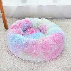 圆形毛绒猫睡篮，超柔软温暖床，宠物窝长绒窝 彩虹色40cm